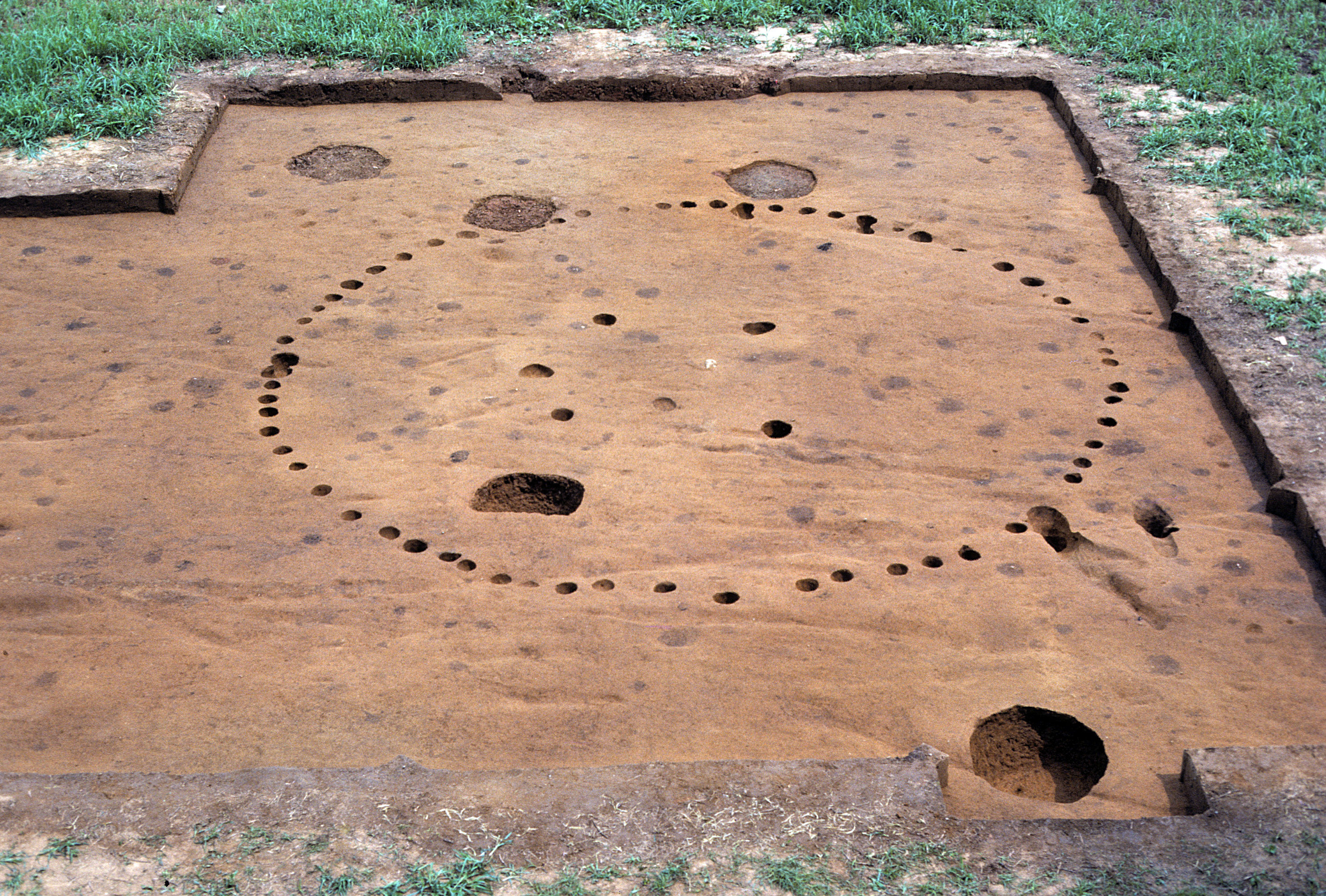 A circular ring of excavated postholes at the  nearby Wall site, showing where a house once stood.